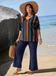 EMERY ROSE Plus Size Women's Raglan Sleeve Colorful Striped V-Neck Loose Shirt And Blue Pants Island Vacation Two-Piece Set Spring And Summer - Multicolor - View 5