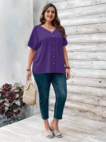 Rosumi Plus Size Women's Orange Button Embellished Short Sleeve Shirt For Spring Purple - Purple - View 5