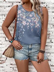EMERY ROSE Plus Size Floral Print Tank Top, Perfect For Vacation Back To School,Flower/Spring/Summer - Mauve Purple - View 4
