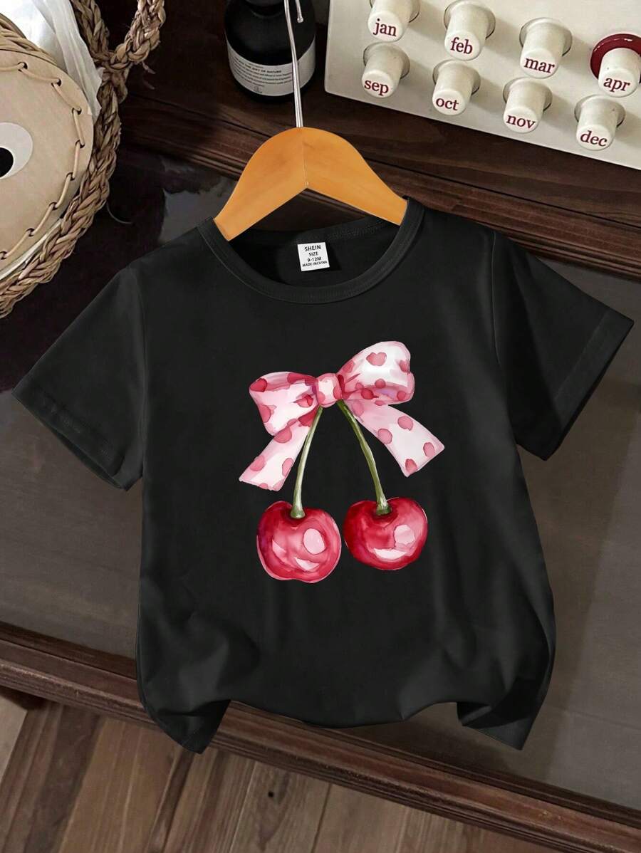 Baby Girls Casual Graphic Print Pullover Top, Versatile For Outdoor Wear, Spring/Summer - Black - View 1