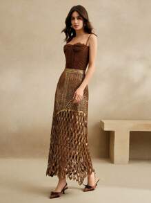 Anewsta 女士镂空金箔针织优雅度假中长裙 - 咖啡棕 - 查看 5