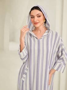 Al Najma 女士条纹简约阿拉伯风格连衣裙，适合夏季 - 紫色 - 查看 7