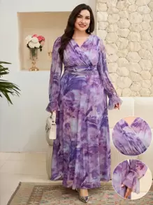 Modelyn Plus Size Women Elegant Flower Printed Arabic Style Dress - Purple - View 7
