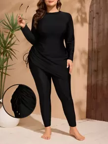 Swim Mulvari 2pcs Plus Size Women Solid Color Modest Middle East Style Long Sleeve & Long Pants Bikini Swimsuit Set, For Summer Beach Vacation - Black - View 2