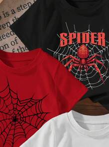 SHEIN 3 件装年轻男孩休闲可爱蜘蛛图案短袖圆领 T 恤，夏季 - 彩色 - 查看 3