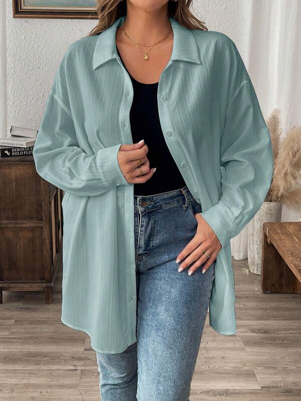 SHEIN LUNE Winter Clothes Textured Casual Plus Size Solid Color Summer Long Sleeve Blouse Shirt