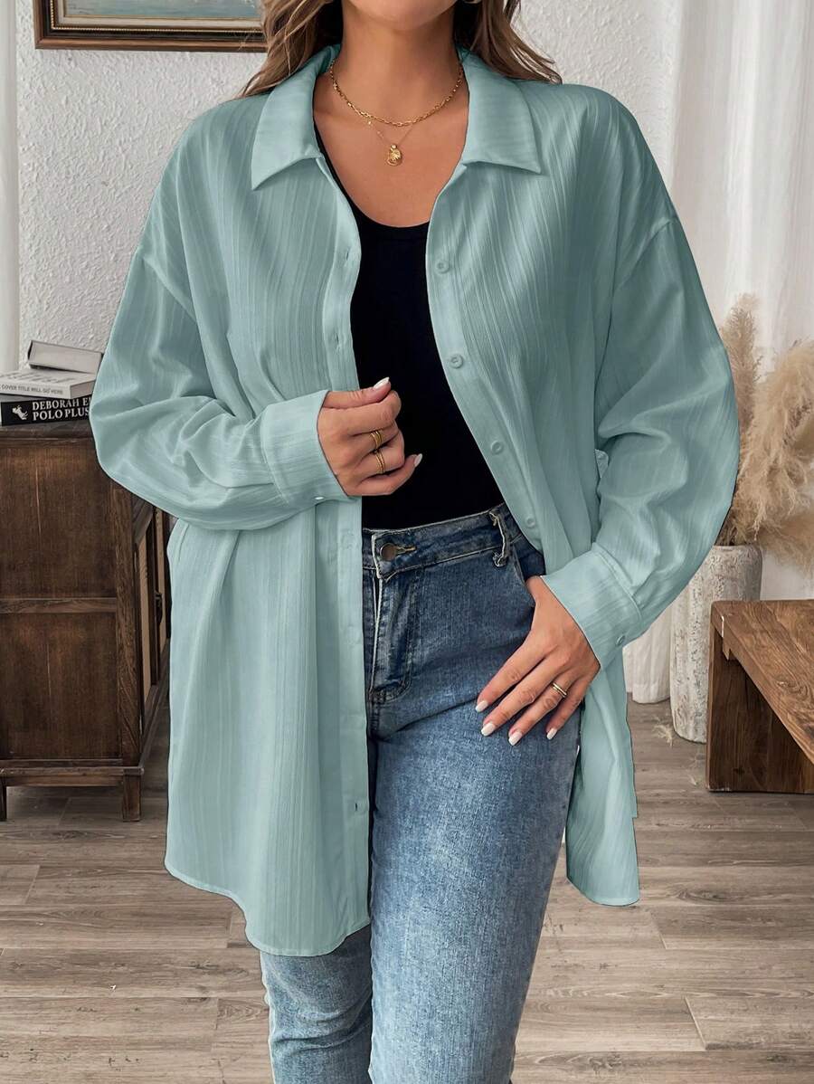 SHEIN LUNE 冬季服装纹理休闲大码纯色夏季长袖衬衫 - 霧霾藍 - 查看 1