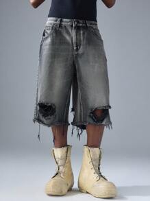 NEON BLANC Men's Street Fashion Embroidered Black Denim Shorts - Black - View 2