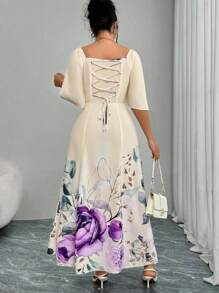 Modelyn Plus Size Woven Positioned Floral Print Long Sleeve A-Line Dress - Multicolor - View 2