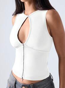 CovetEZ Plus Size Women's Solid Color Zipper Front Hollow-Out Tight Fitting Sexy Sleeveless Crop Top, Spring/Summer - White - View 5