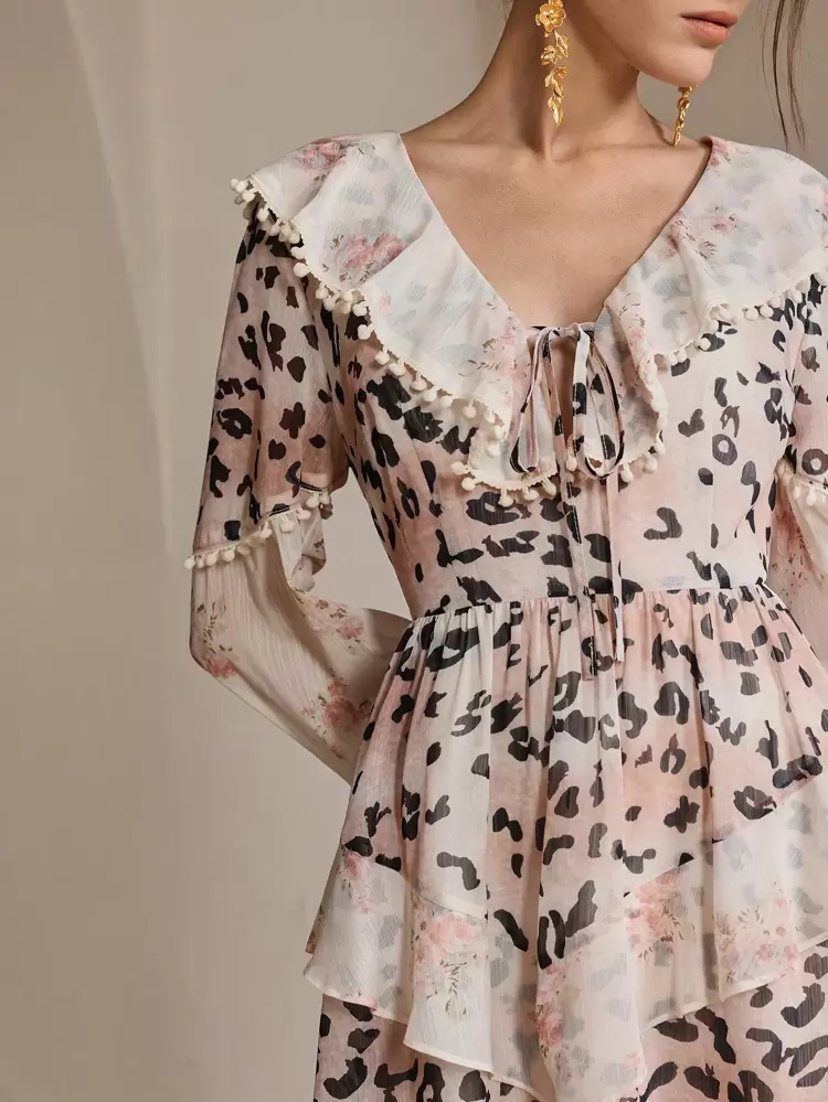 Spring Elegant Women Patchwork Floral Print Ruffle Trim Long Sleeve Short Vacation Dress