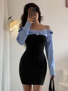 Elenzga Women's Summer Outing Vacation Party Date Ramadan Festival Music Festival Wedding Elegant Fashion Knit Splice Striped Blue Black Open Shoulder Spaghetti Strap Long Sleeve Lantern Sleeve 2 In 1 Cinched Waist Fitted Short Dress - Black - View 3