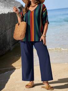 EMERY ROSE Plus Size Women's Raglan Sleeve Colorful Striped V-Neck Loose Shirt And Blue Pants Island Vacation Two-Piece Set Spring And Summer - Multicolor - View 4
