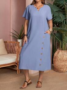 EMERY ROSE Vestido casual con bolsillo, de cuello en V y mangas cortas, para mujer de tallas grandes
