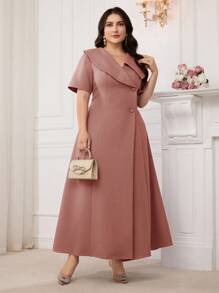 Modelyn 加大码 V 领水手领甜美短袖褶皱腰正式优雅中长连衣裙 - 粉色 - 查看 6