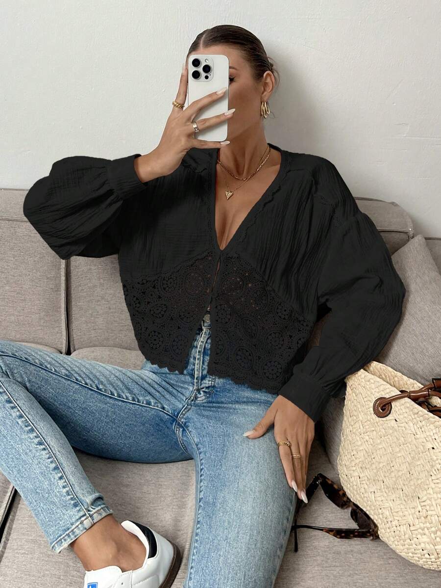 Serisse Women's V-Neck Long Sleeve Solid Color Blouse, Minimalist Fashion Suitable For Summer Winter Black - Black - View 1