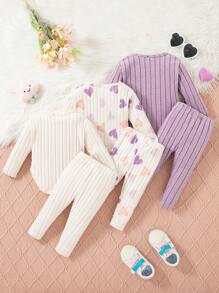 SHEIN Vintaside Kids 3-Piece Baby Girls Autumn/Winter Set: Fluffy Ribbed Round Neck Long Sleeve Top, Heart Print Leggings, Fashion Casual Home Outfit