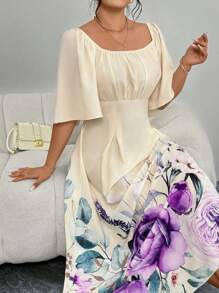 Modelyn Plus Size Woven Positioned Floral Print Long Sleeve A-Line Dress - Multicolor - View 4