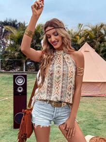 LanaWest Regular Fit Women's Halter Neck Sleeveless Floral Print Casual Vacation Music Festival Shirt