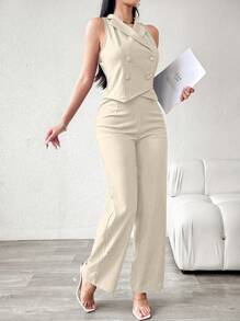 Modelyn Bộ vest và quần vest đi làm thanh lịch, màu đen, bộ 2 món, thời trang xuân hè cho nữ, ve áo hai hàng khuy - Màu be - Xem 4