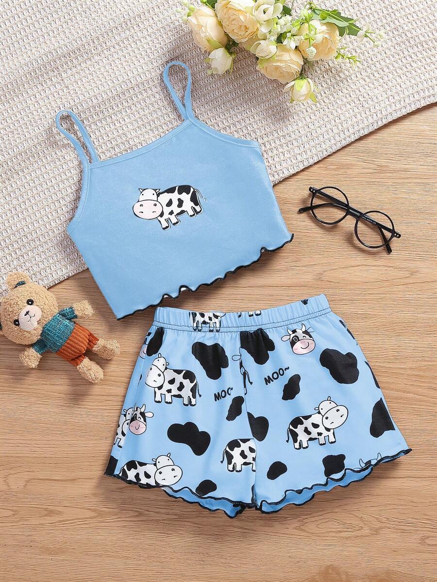 SHEIN 女童可爱奶牛印花休闲时尚睡衣 - 藍色 - 查看 1