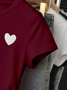 INAWLY Women Heart Embroidery Ruffle Round Neck Short Sleeve Casual T-Shirt - Burgundy - View 3