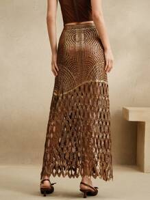 Anewsta 女士镂空金箔针织优雅度假中长裙 - 咖啡棕 - 查看 2