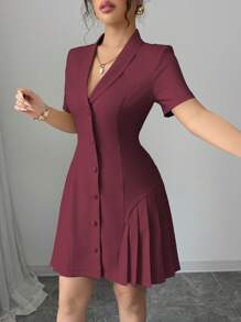 Elenzga 女式精致优雅通勤休闲度假纯色翻领纽扣装饰腰部褶皱 A 字短袖迷你连衣裙，春夏 - 酒紅色 - 查看 7