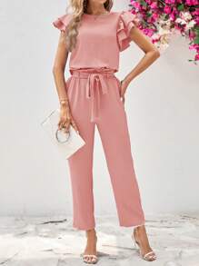 SHEIN Clasi 2pcs Women's Ruffle Collar Short Sleeve Blouse And Detachable Waist Belt Long Pants Set