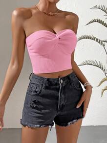 SHEIN VCAY Women's Baby Pink Strapless Knit Crop Top: Casual Sleeveless Summer Twist Front Knit Top - Baby Pink - View 6