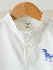 SHEIN 小男孩学院风夏季新款韩版休闲装刺绣图案Polo衫+条纹短裤两件套，简约迷人 - 白色 - 查看 5