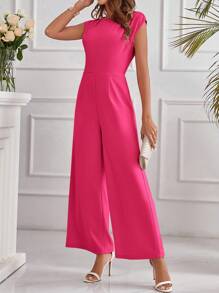 SHEIN Clasi Mono palazzo de mujer elegante de unicolor con cuello redondo, mangas cortas y bolsillos - Rosa Fucsia - Ver 5