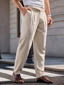 Manfinity Homme Men's Light Beige Pleated Pocket Straight Leg Casual Pants,Autumn Solid Minimalist Relaxed Fit Soft Trousers,Perfect For Party,Vacation & Streetwear - Apricot - View 4