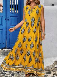 EMERY ROSE Women Plus Size Vacation Boho Country Allover Print Tie Neck Flutter Hem Sleeveless Casual Dress Spring Outfits For Women Summer Outfits For Women
