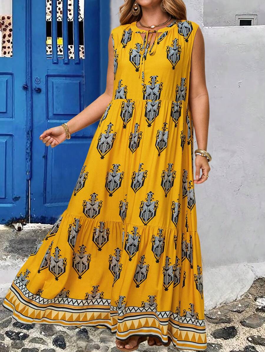 EMERY ROSE Women Plus Size Vacation Boho Country Allover Print Tie Neck Flutter Hem Sleeveless Casual Dress Spring Outfits For Women Summer Outfits For Women