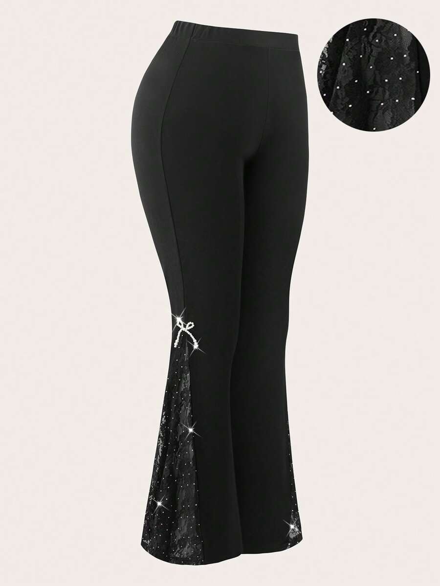 SHEIN Clasi Plus Size Elegant Lace & Rhinestones Patchwork Flare Pants