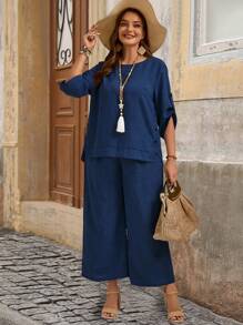 EMERY ROSE Set de 2 piezas de talla grande para mujer con camisa de cuello redondo con botones y pantalones, conjunto de verano informal - Neblina azul - Ver 5