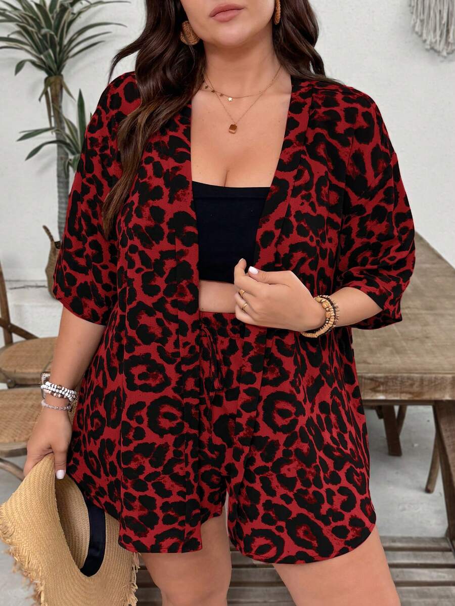 SHEIN VCAY 大码休闲豹纹两件套：衬衫和短裤 - 紅色 - 查看 1