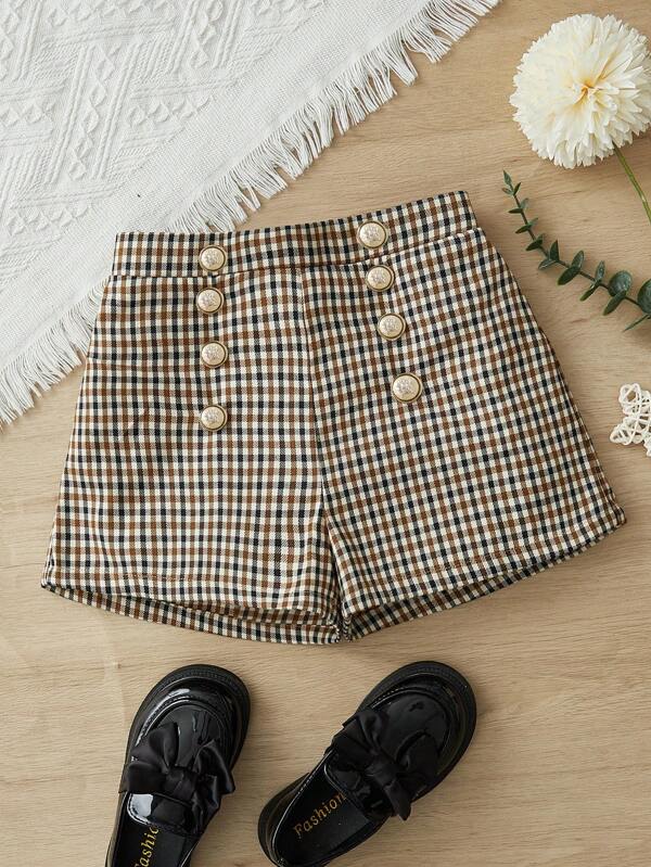 Kleine Mädchen Elegante Shorts mit gewebtem Karomuster und goldenem Metalldekor mit Knopfleiste vorne, Preppy-Stil, ideal für Freizeit und den Alltag und für die Schule im Herbst und Winter, passend für Mutter, Tochter und Schwestern.