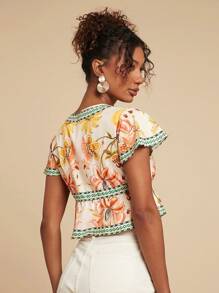 Travachic Summer Woven Printed Ruffle Hem Short Sleeve Fitted Women Blouse,Vacation Outfits Woman - Yellow - View 2