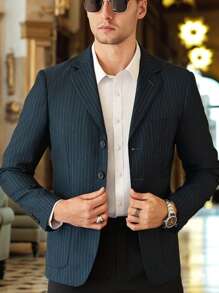 Calvornis Men's Casual Blazer With Single-Breasted Button Closure And Striped Blue-Green Pattern - Navy Blue - View 3