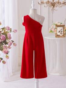 SHEIN Young Girl Solid Color Knit Racer Back Romper - Red - View 5
