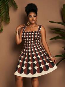 Maweii Plus Size Square Neck Geometric Circle Ombre A-Line Camisole Dress - Multicolor - View 6