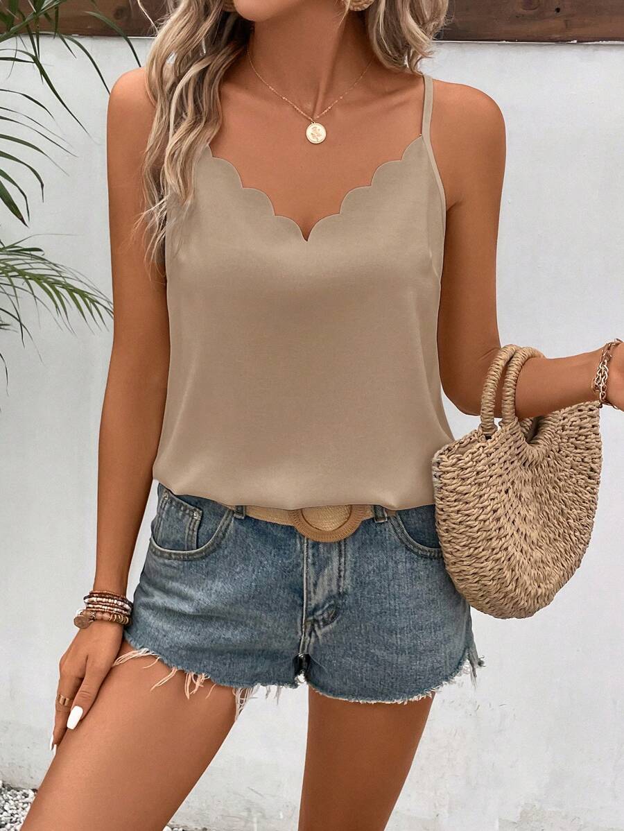 SHEIN Frenchy Women Solid Color Arc Hem Design Loose Casual Camisole Brown Summer - Khaki - View 1