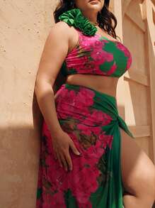 Swim Oasis Plus Size Women's Tropical Floral Print One Shoulder Ruffle Bikini Set & Chiffon Skirt, Summer Beach Resort Spring Break Hawaii Outfit - Green - View 9