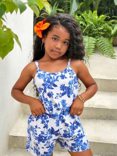 Girls Floral Watercolor Print Jumpsuit, Bohemian Style, Casual, Comfortable, Elegant And Fashionable, Summer Outfits For Girls Kids Under 10 Kids Girl Summer Clothes Girls Summer Outfit Sets