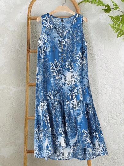 EMERY ROSE Plus Size Floral Print Sleeveless Casual Vacation Dress