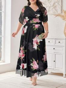 Modelyn Plus Size Women's Floral Printed V-Neck Dress Long Evening Dresses - Black - View 6