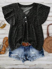 Linhara Blusa de mujer de tallas grandes con cuello en V, volantes y mangas abullonadas con lunares - Negro - Ver 1