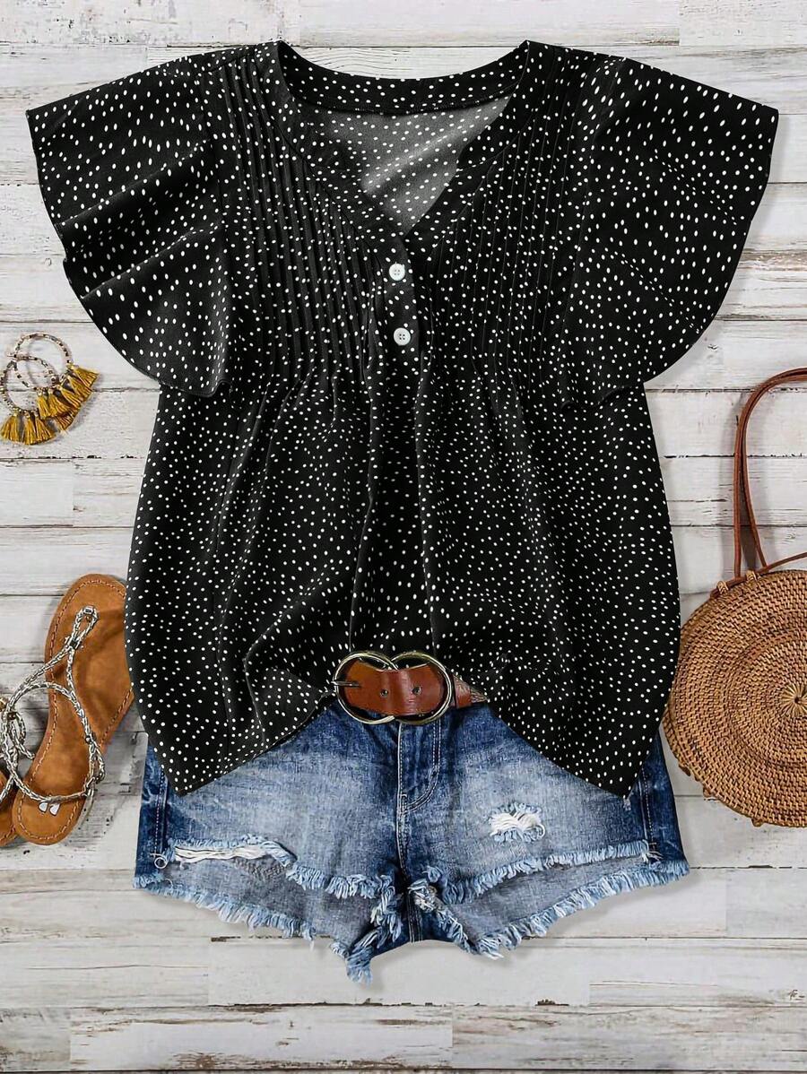 Linhara Blusa de mujer de tallas grandes con cuello en V, volantes y mangas abullonadas con lunares - Negro - Ver 1